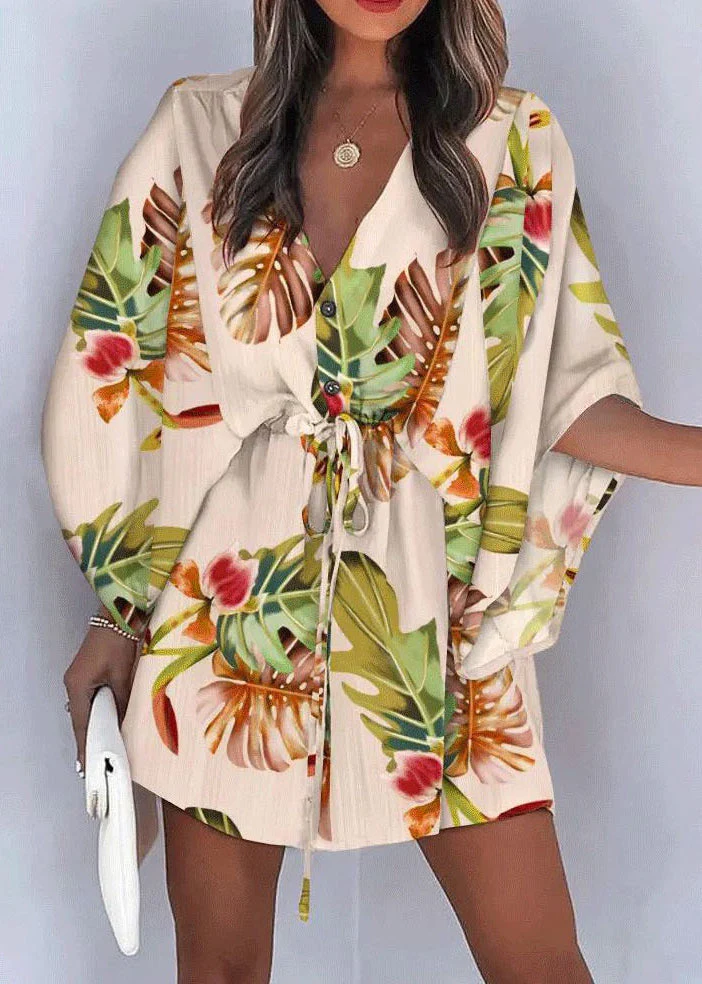 Loose Beige Print Lace Up Cotton Mid Dresses Batwing Sleeve - Image 5