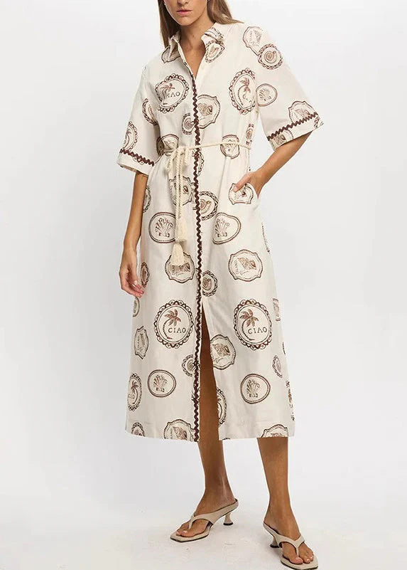 Loose Beige Print Tie Waist Maxi Dresses Short Sleeve