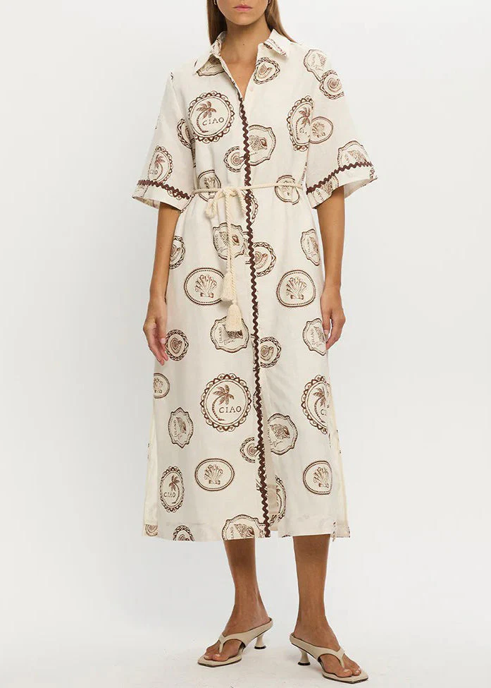 Loose Beige Print Tie Waist Maxi Dresses Short Sleeve - Image 2