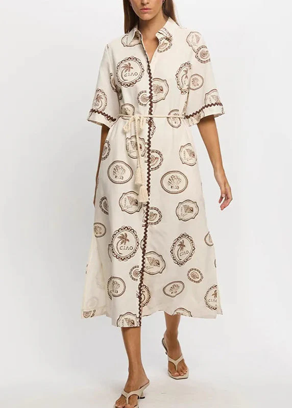 Loose Beige Print Tie Waist Maxi Dresses Short Sleeve - Image 3