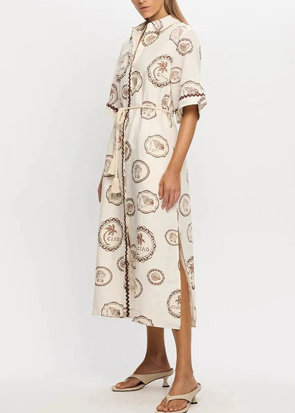 Loose Beige Print Tie Waist Maxi Dresses Short Sleeve - Image 4