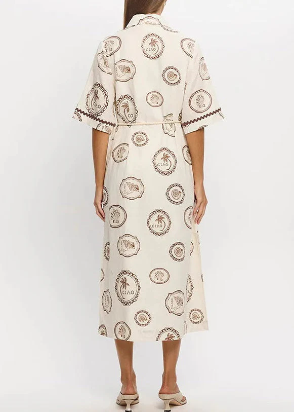 Loose Beige Print Tie Waist Maxi Dresses Short Sleeve - Image 5