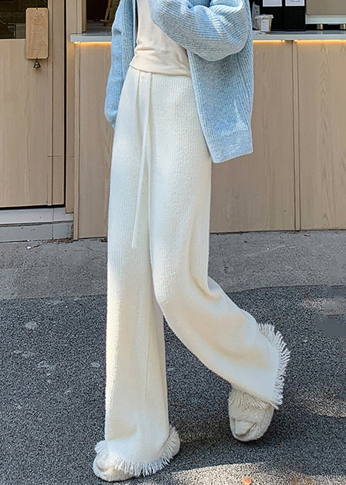 Loose Beige Tasseled Elastic Waist Mink Hair Knitted Flared Trousers Spring - Image 3