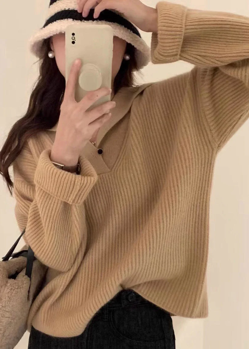Loose Beige V Neck Knit Sweaters Top Spring - Image 3