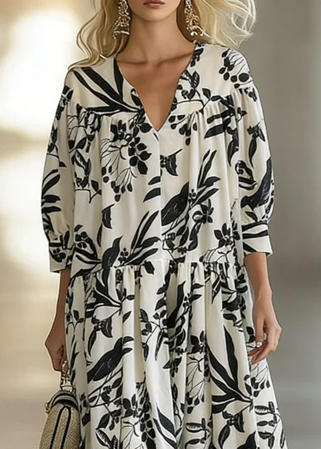 Loose Beige V Neck Print Wrinkled Cotton Long Dresses Bracelet Sleeve - Image 2