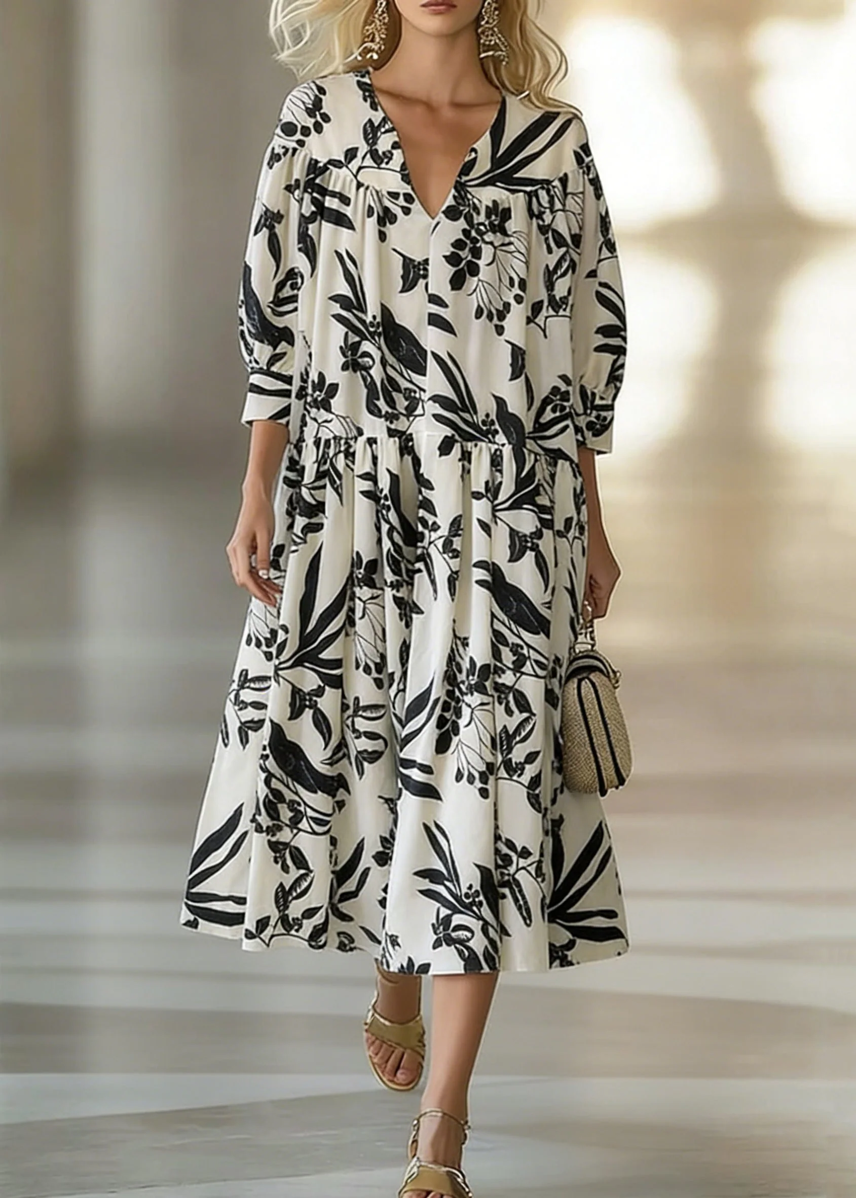 Loose Beige V Neck Print Wrinkled Cotton Long Dresses Bracelet Sleeve - Image 3