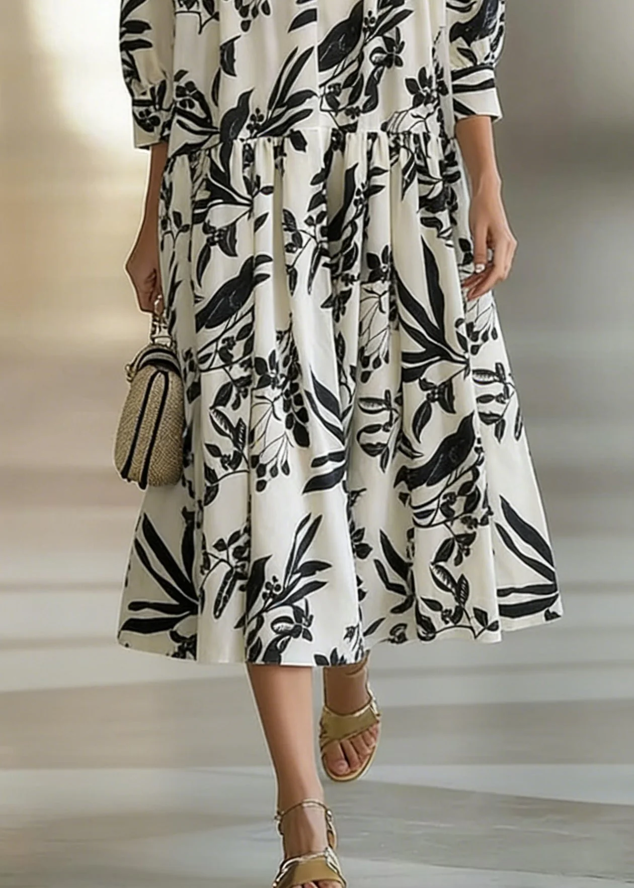 Loose Beige V Neck Print Wrinkled Cotton Long Dresses Bracelet Sleeve - Image 4