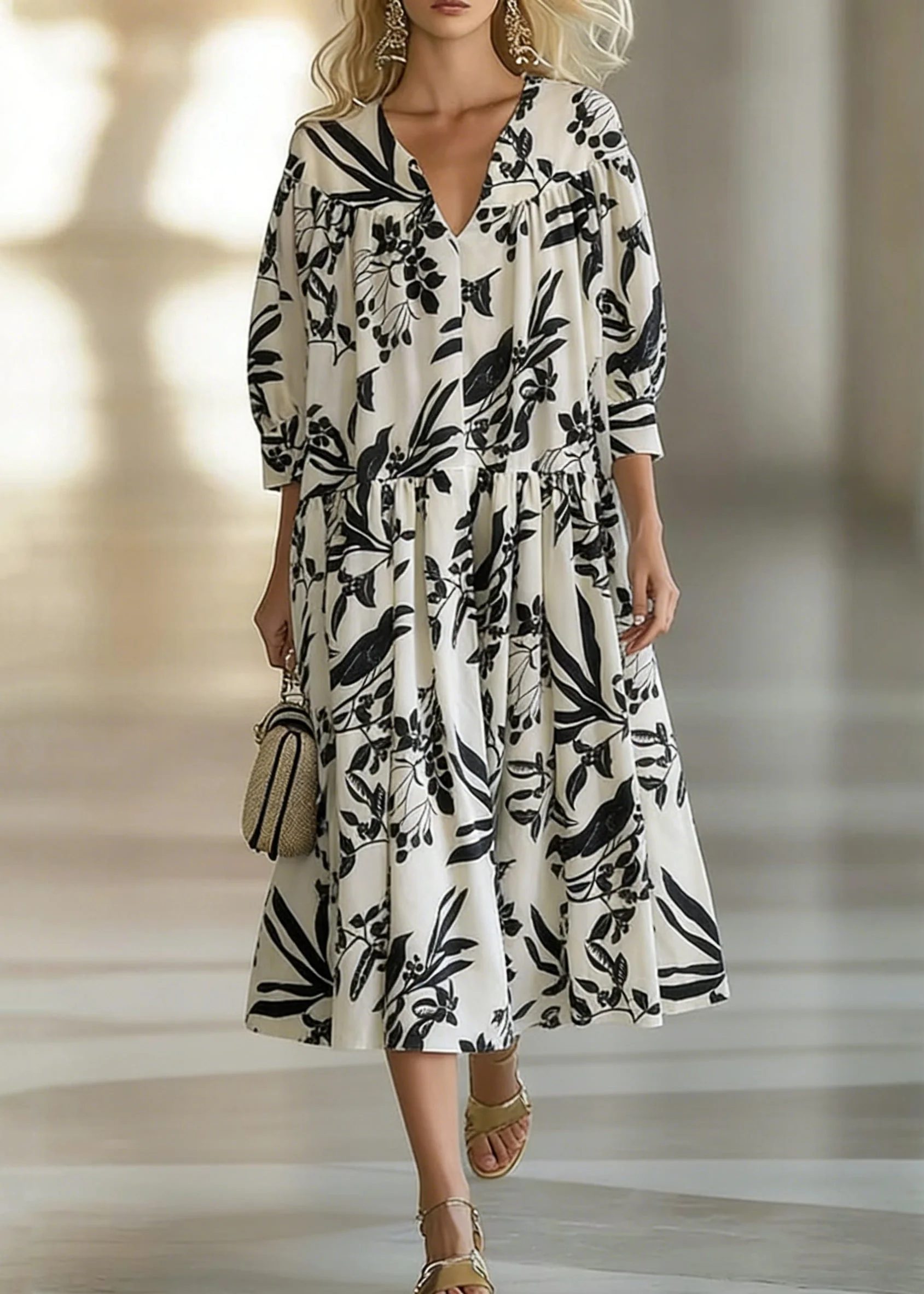 Loose Beige V Neck Print Wrinkled Cotton Long Dresses Bracelet Sleeve - Image 5