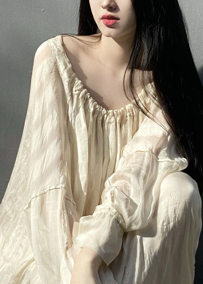 Loose Beige Wrinkled Patchwork Silk Dress Long Sleeve - Image 2