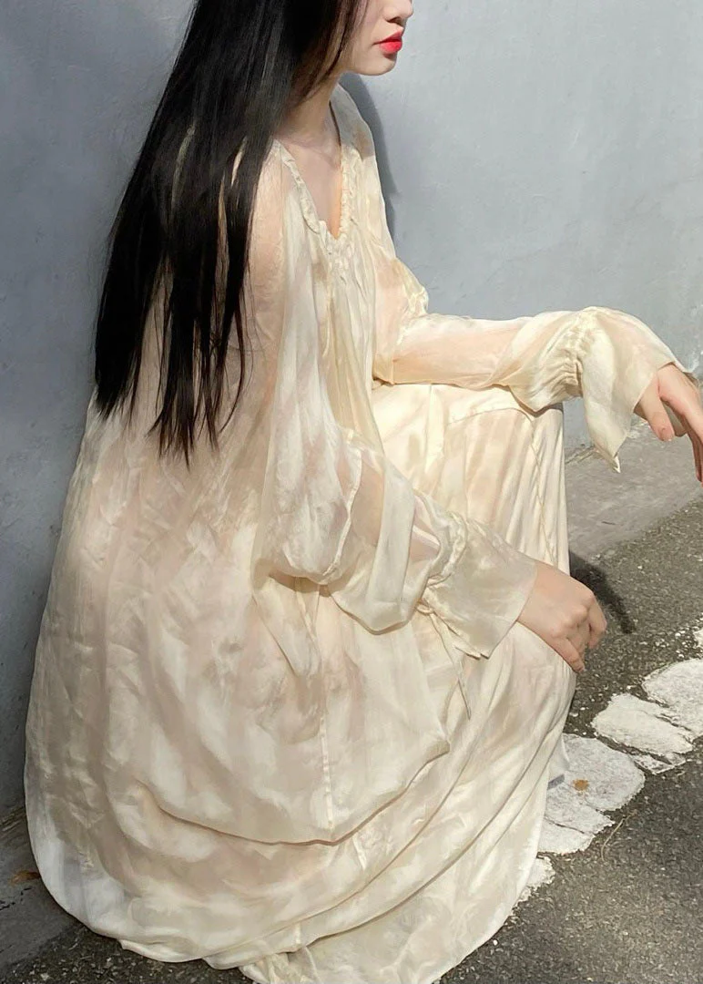 Loose Beige Wrinkled Patchwork Silk Dress Long Sleeve - Image 3