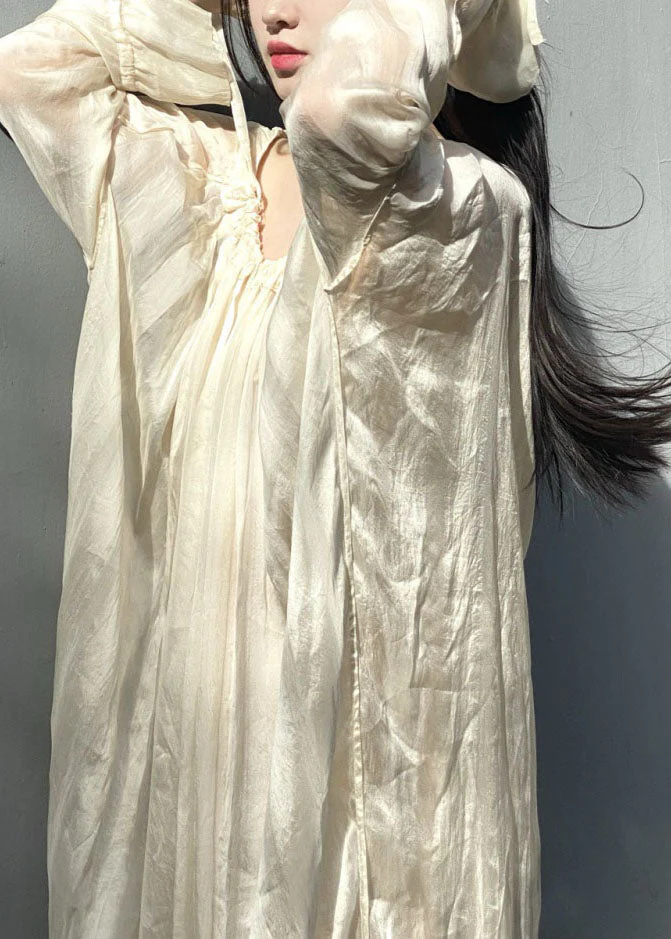 Loose Beige Wrinkled Patchwork Silk Dress Long Sleeve - Image 4