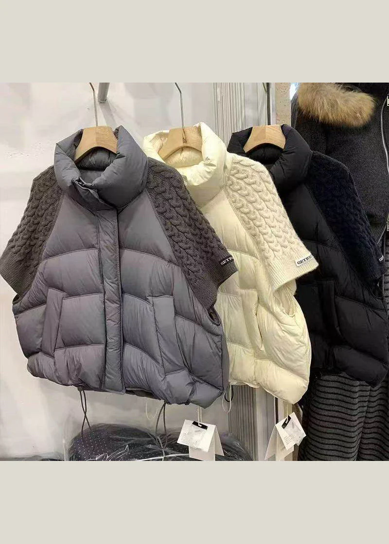 Loose Beige Zip Up Drawstring Knit Patchwork Duck Down Down Coats - Image 5
