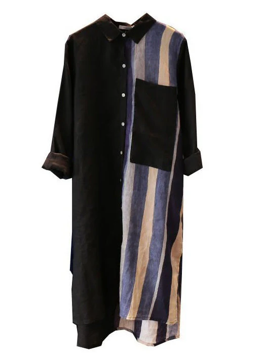 Loose Black Asymmetrical Button Pockets Cotton Shirts Dresses Long Sleeve - Image 3