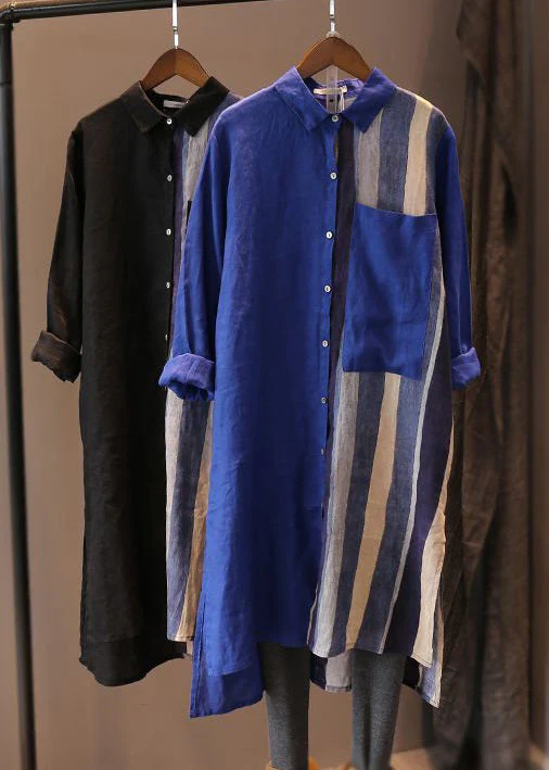 Loose Black Asymmetrical Button Pockets Cotton Shirts Dresses Long Sleeve - Image 4
