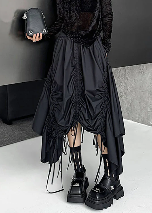 Loose Black Asymmetrical Lace Up Elastic Waist Cotton Skirt Fall - Image 4