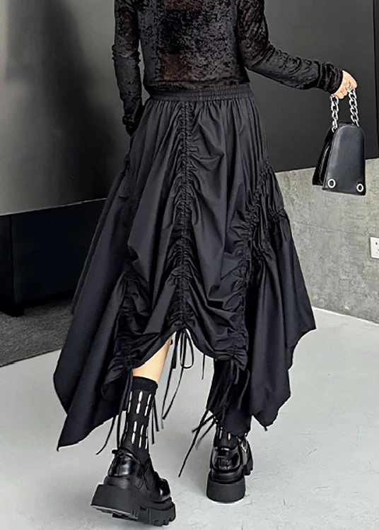Loose Black Asymmetrical Lace Up Elastic Waist Cotton Skirt Fall - Image 5