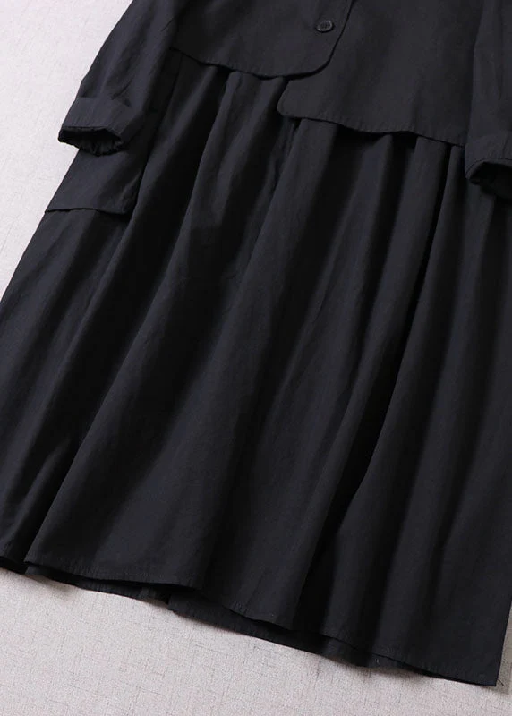 Loose Black Asymmetrical Pockets Cotton Two Pieces Set dress + Vest Spring - Image 4