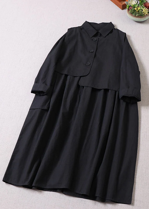 Loose Black Asymmetrical Pockets Cotton Two Pieces Set dress + Vest Spring - Image 5
