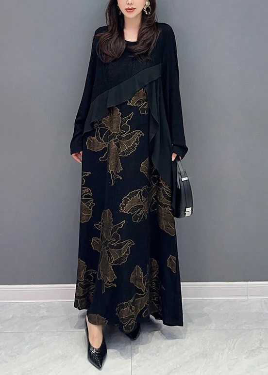 Loose Black Asymmetrical Print Patchwork Cotton Knit Long Dress Fall - Image 3