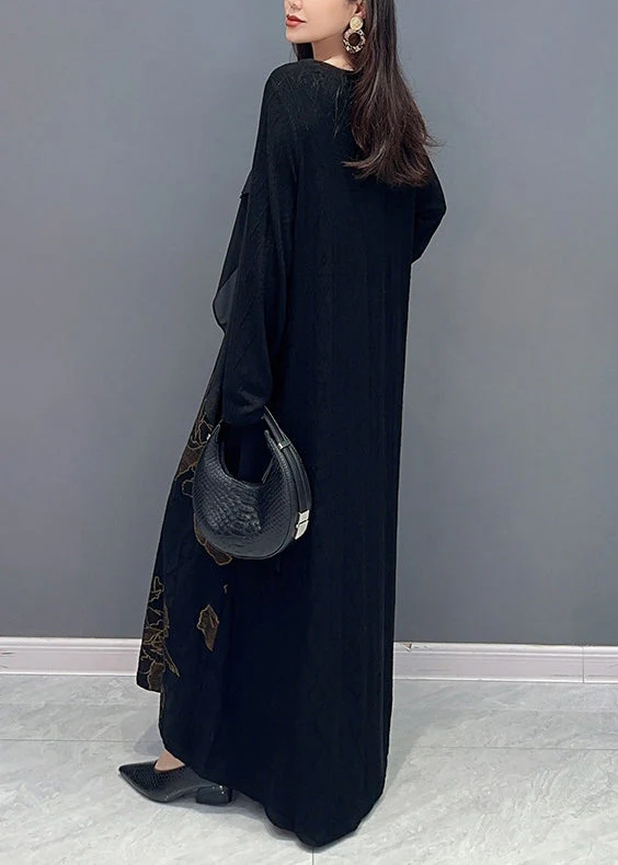 Loose Black Asymmetrical Print Patchwork Cotton Knit Long Dress Fall - Image 5