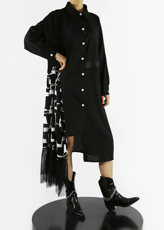 Loose Black button asymmetrical design Peter Pan Collar Patchwork shirt Dresses Spring - Image 2