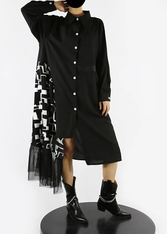 Loose Black button asymmetrical design Peter Pan Collar Patchwork shirt Dresses Spring - Image 3
