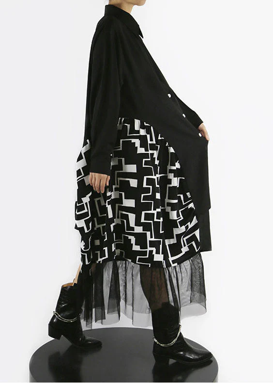 Loose Black button asymmetrical design Peter Pan Collar Patchwork shirt Dresses Spring - Image 4