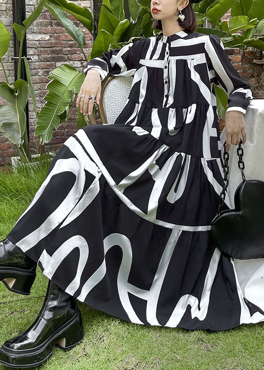 Loose Black Button Patchwork Print Fall Long sleeve Long Dresses - Image 2