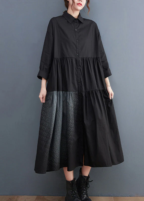 Loose Black Button Peter Pan Collar Cotton Shirt Dress Long Sleeve - Image 2