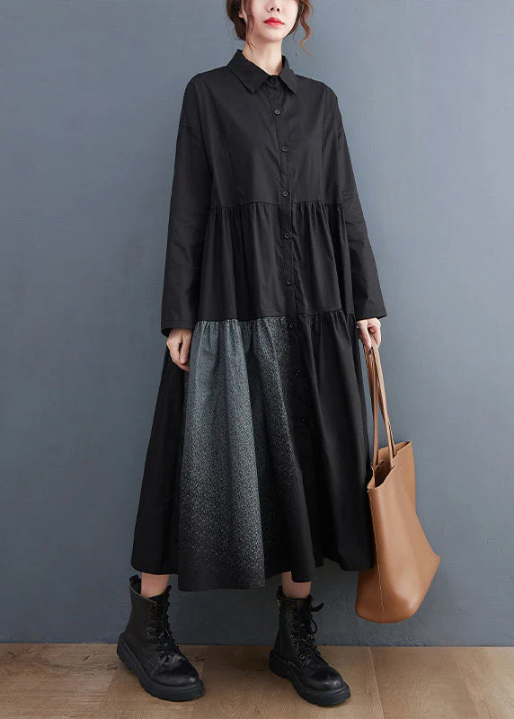 Loose Black Button Peter Pan Collar Cotton Shirt Dress Long Sleeve - Image 3