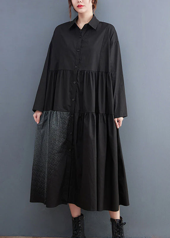 Loose Black Button Peter Pan Collar Cotton Shirt Dress Long Sleeve - Image 4