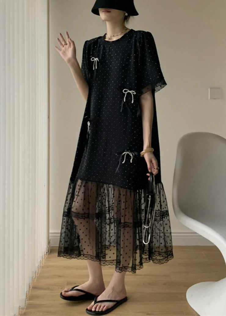 Loose Black Dot Zircon Patchwork Cotton Dresses Summer - Image 3