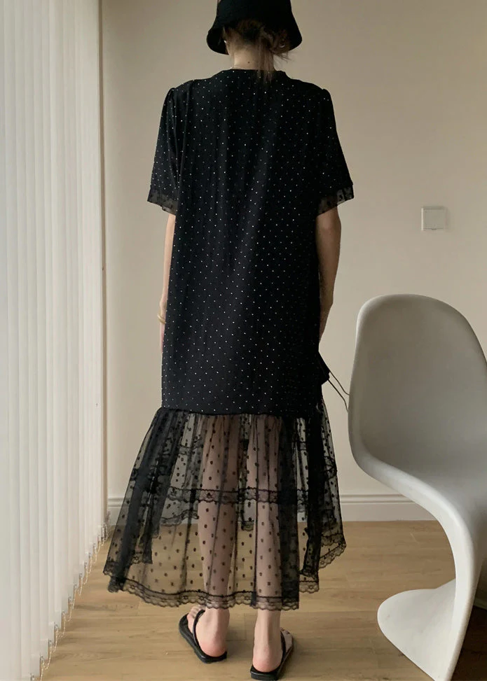 Loose Black Dot Zircon Patchwork Cotton Dresses Summer - Image 4