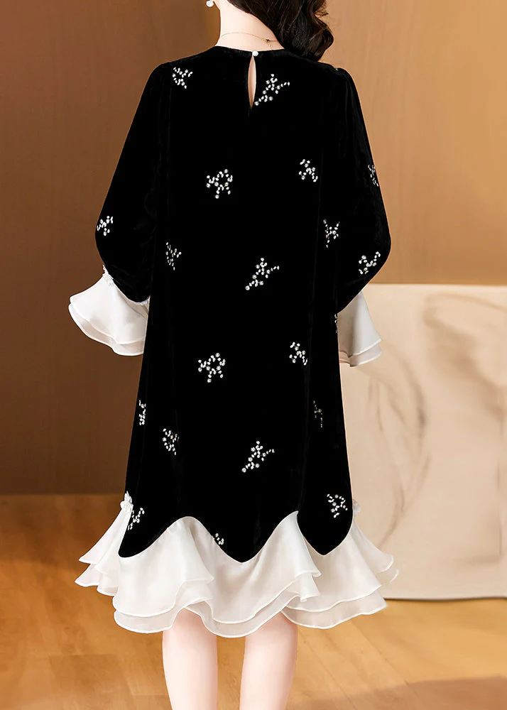 Loose Black Embroidered Patchwork Silk Velvet Dress Flare Sleeve - Image 5