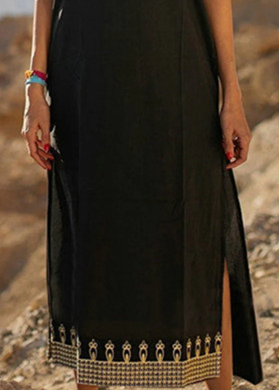 Loose Black Embroideried Side Open Vacation Long Dresses Short Sleeve - Image 2