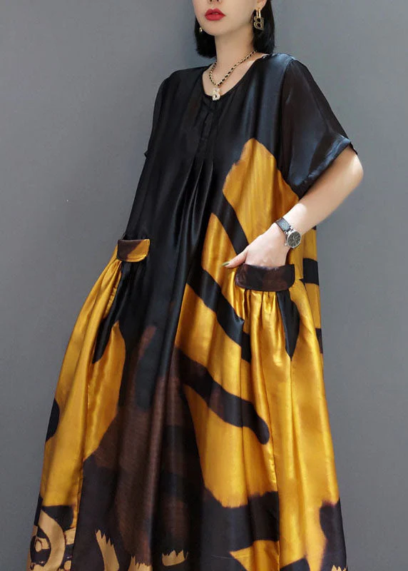 loose black-hem flower O-Neck Print Satin Maxi Dress Summer - Image 10