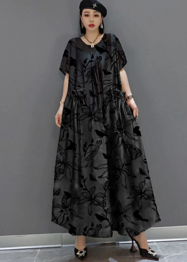 loose black-hem flower O-Neck Print Satin Maxi Dress Summer - Image 2