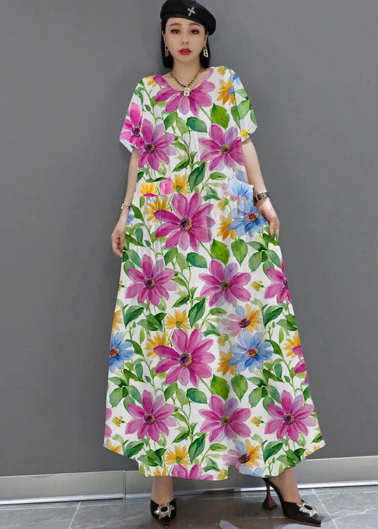 loose black-hem flower O-Neck Print Satin Maxi Dress Summer - Image 4
