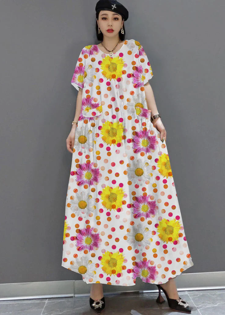 loose black-hem flower O-Neck Print Satin Maxi Dress Summer - Image 5