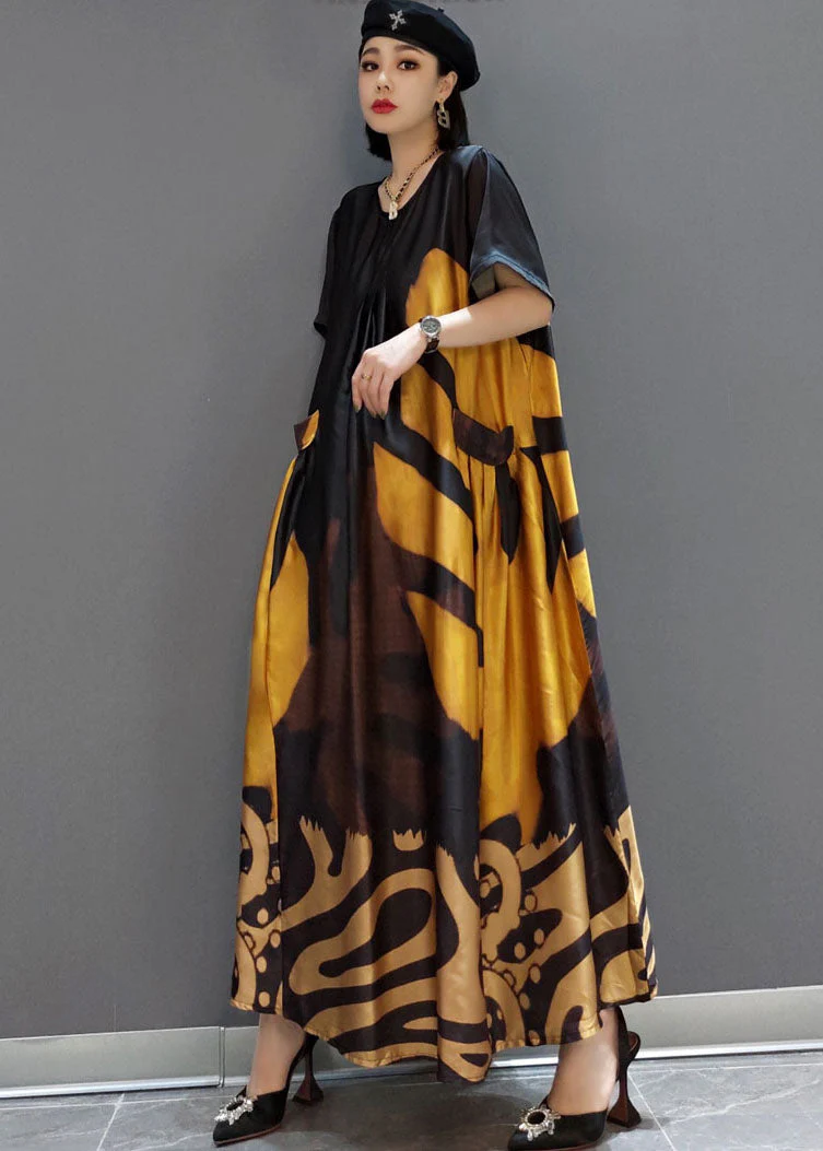 loose black-hem flower O-Neck Print Satin Maxi Dress Summer - Image 7