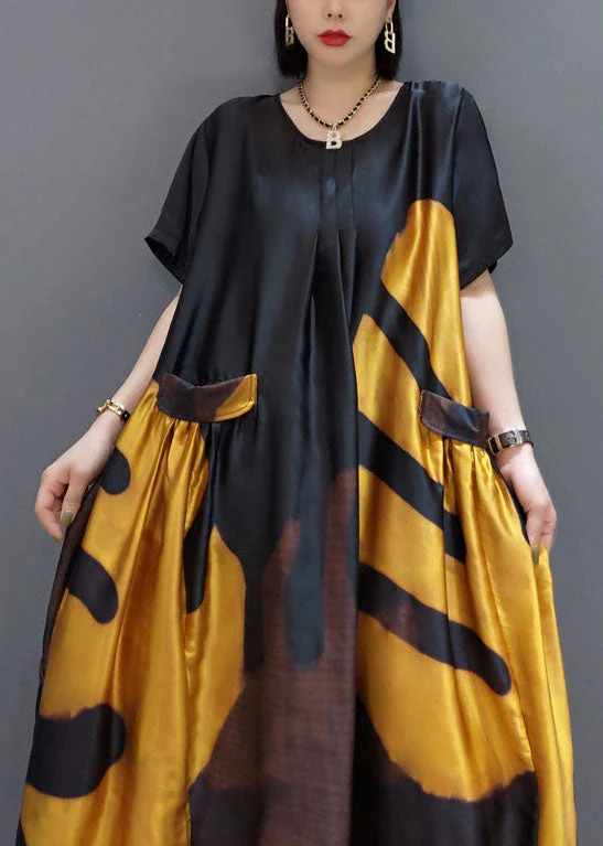 loose black-hem flower O-Neck Print Satin Maxi Dress Summer - Image 9