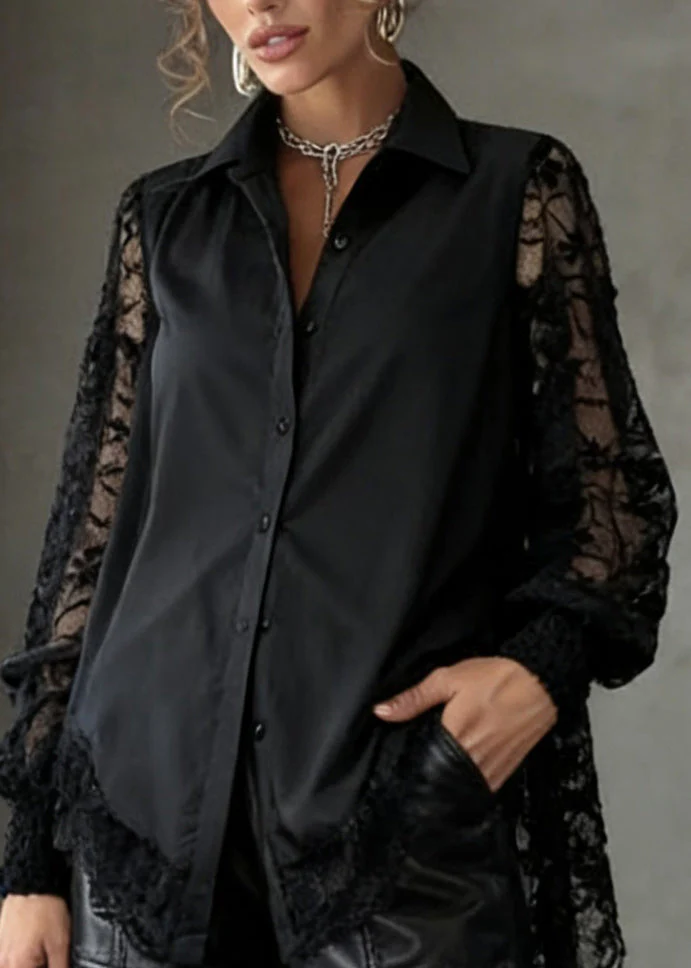 Loose Black Hollow Out Shirts And Faux Leather Shorts Lace Patchwork Two Pieces Set Spring - Image 2