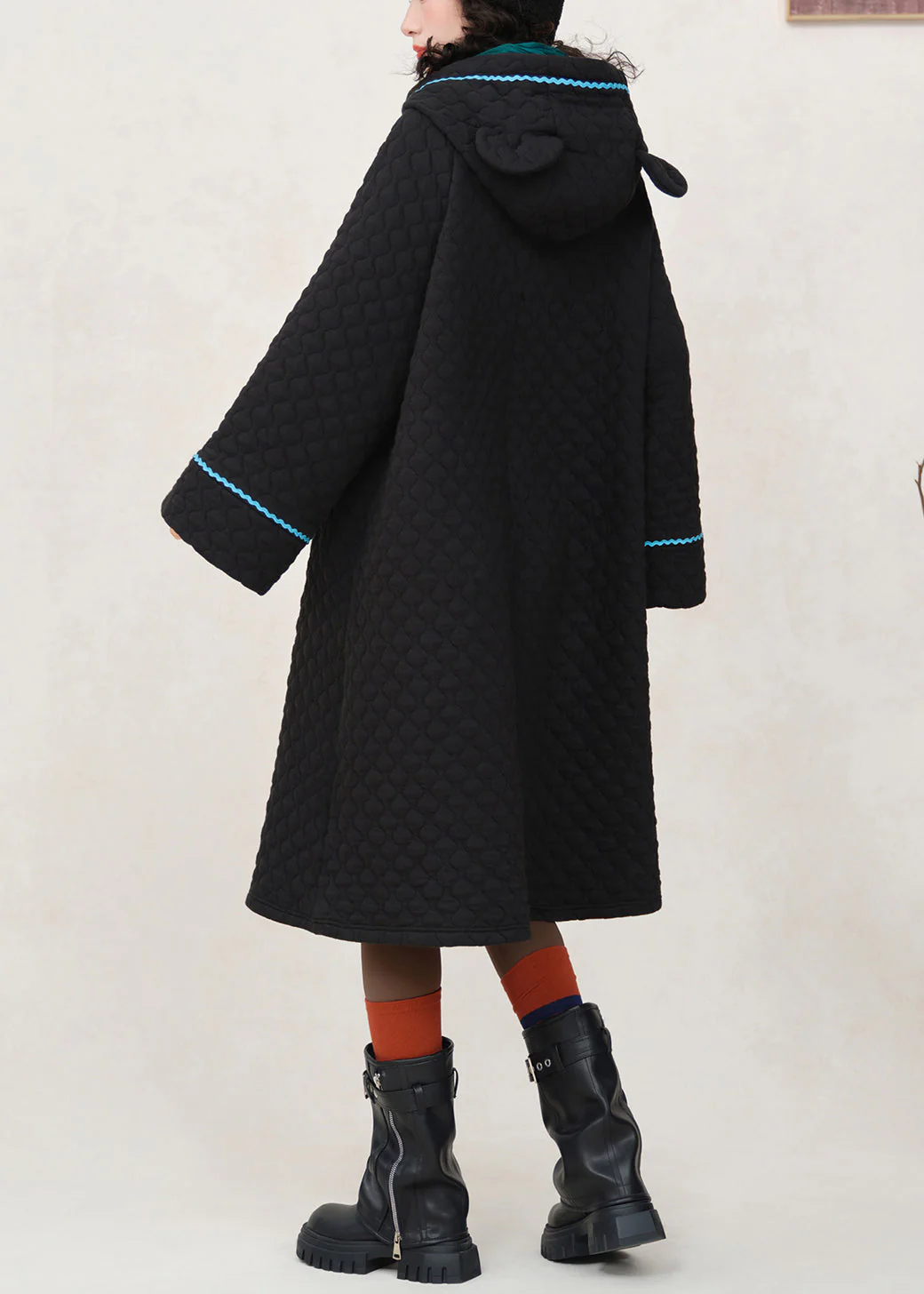 Loose Black Hooded Embroidered Pockets Cotton Filled Dress Winter - Image 4