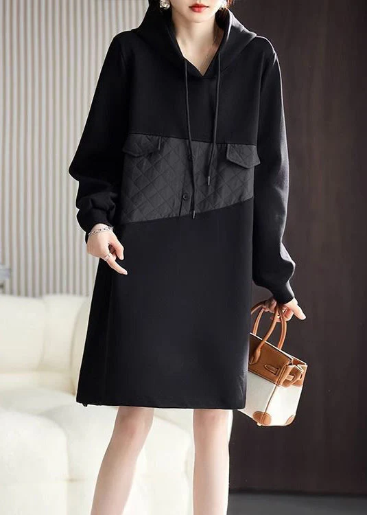 Loose Black Hooded Lace Up Patchwork Cotton Mid Dress Spring - Image 2