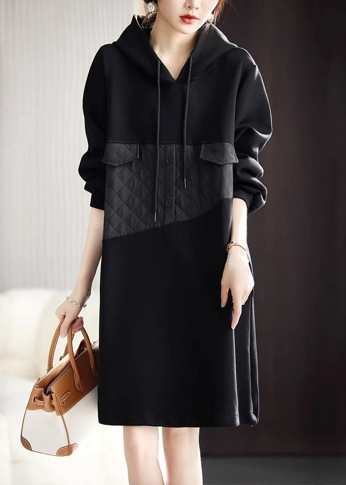 Loose Black Hooded Lace Up Patchwork Cotton Mid Dress Spring - Image 3