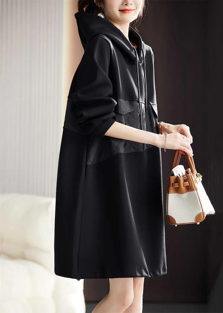 Loose Black Hooded Lace Up Patchwork Cotton Mid Dress Spring - Image 4
