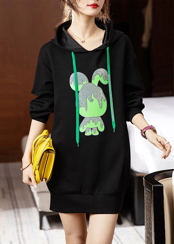 Loose Black Hooded Print Patchwork Cotton Dresses Fall - Image 2