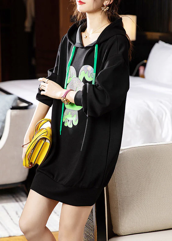 Loose Black Hooded Print Patchwork Cotton Dresses Fall - Image 3