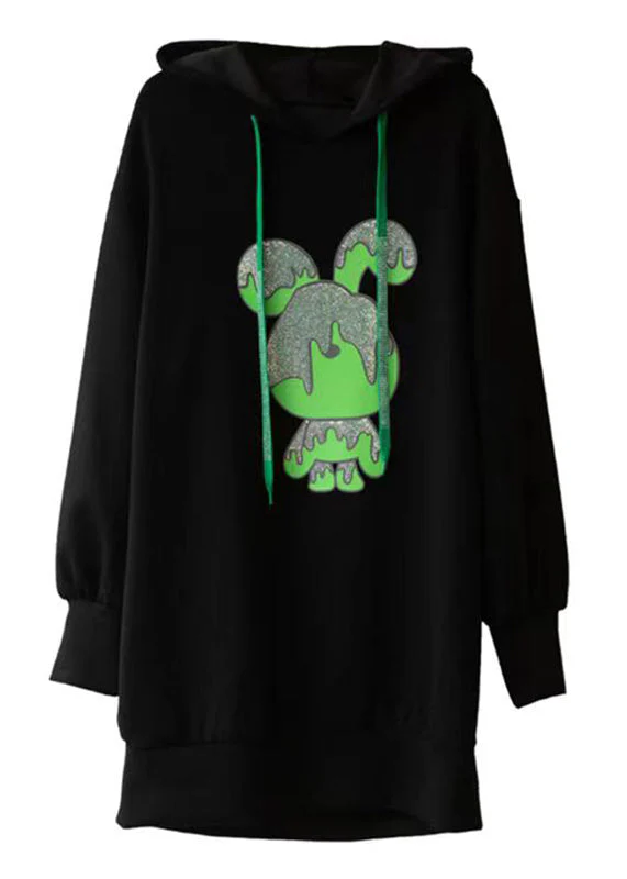 Loose Black Hooded Print Patchwork Cotton Dresses Fall - Image 5