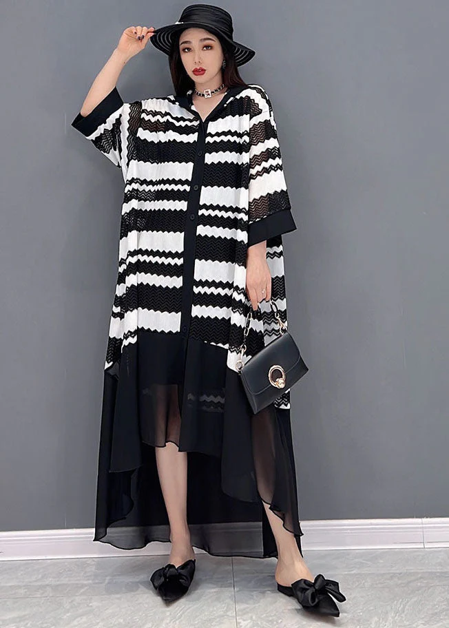 Loose Black Hooded Striped Print Low High Design Tulle Vacation UPF 50+ Dresses Bracelet Sleeve - Image 2